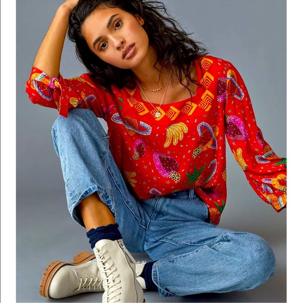 Farm Rio Red Planetary Print Women's Top S